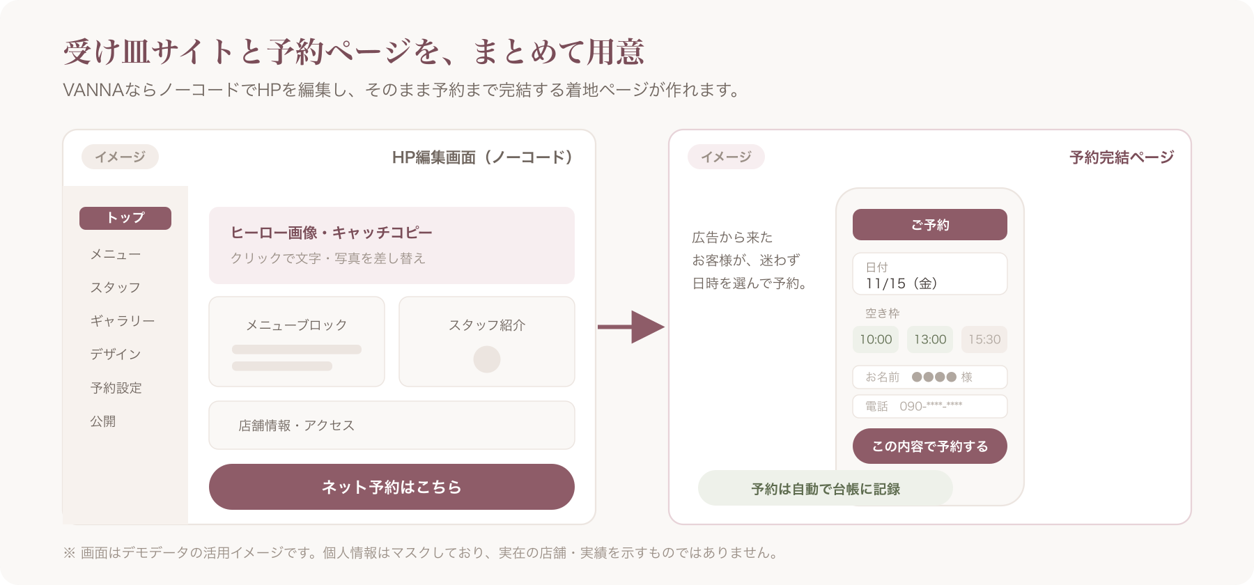 VANNAでノーコードHPと予約完結ページを作成する活用イメージ画面・実店舗の実績ではありません