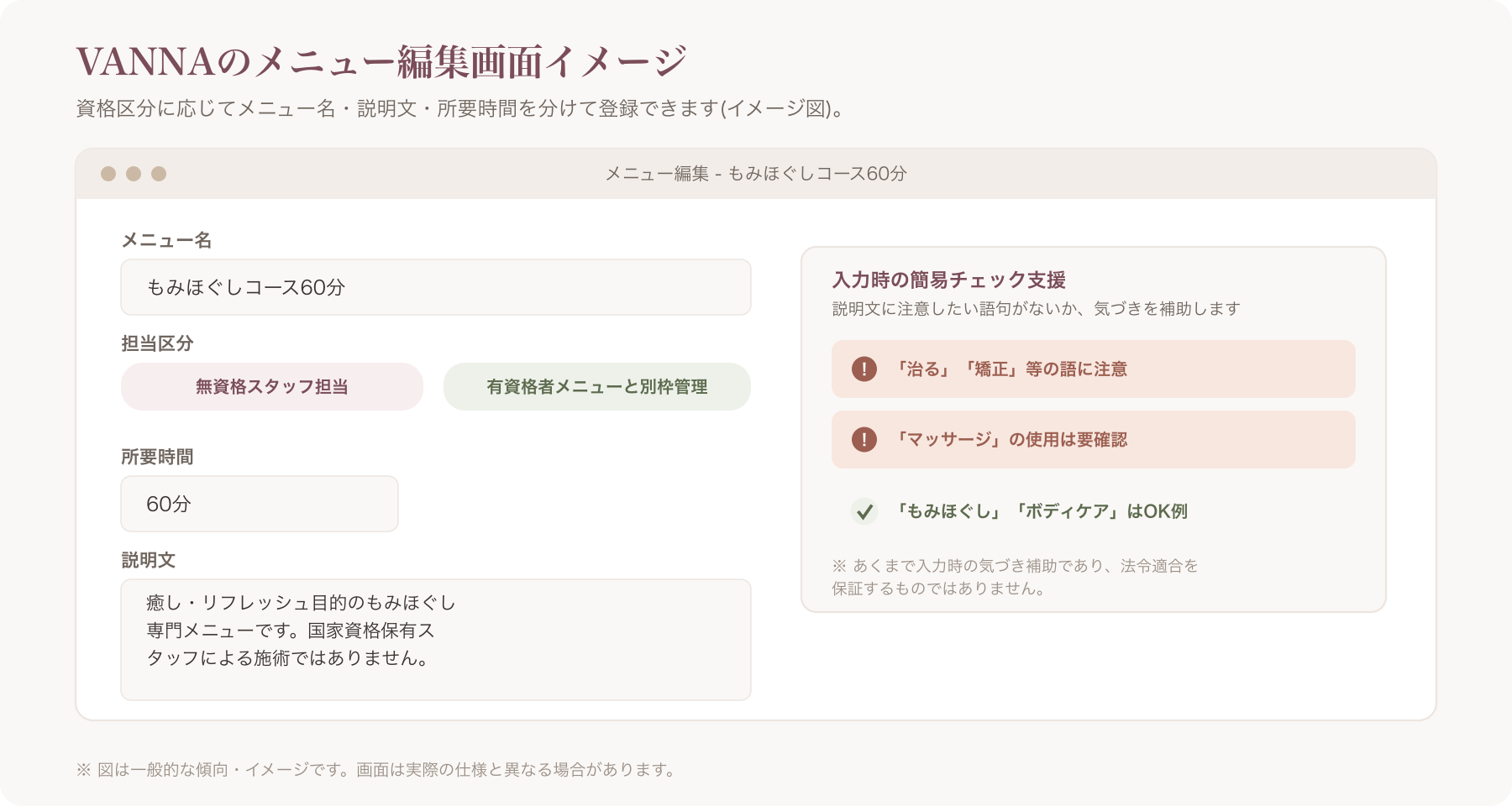 VANNAの予約メニュー編集画面でメニュー名・説明文・所要時間を入力しているイメージ