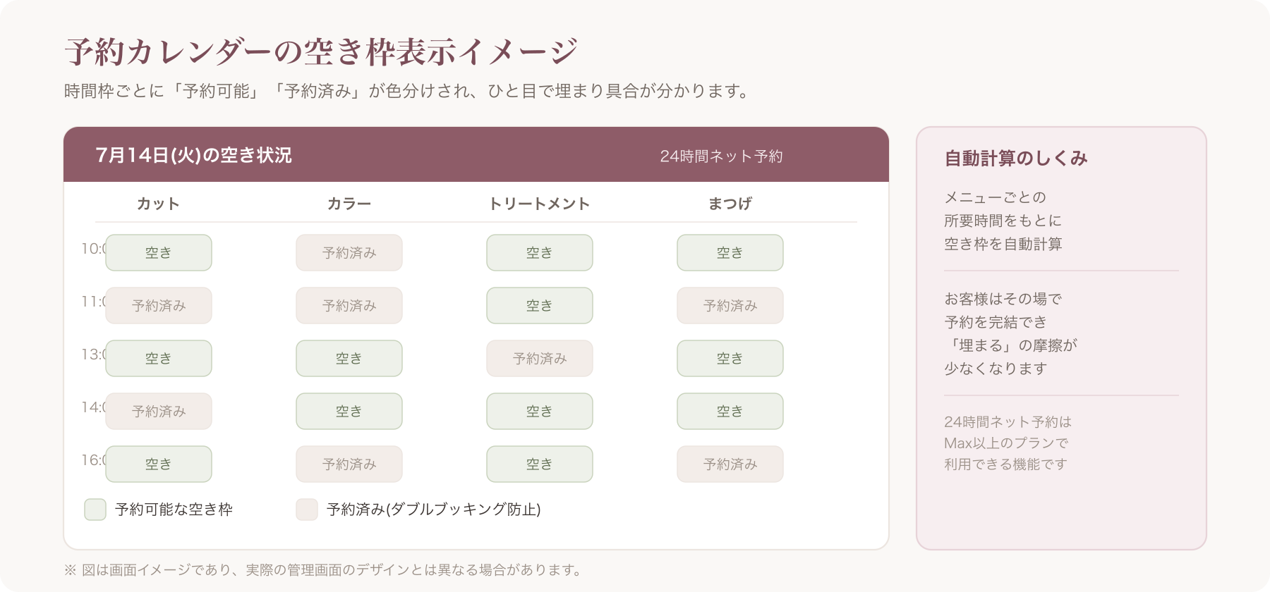 サロン向け予約カレンダーの空き枠表示イメージ