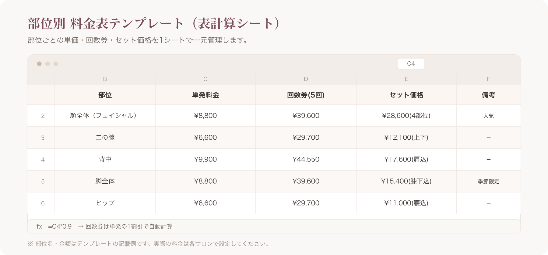 部位別料金表テンプレートのExcelまたはスプレッドシート画面イメージ