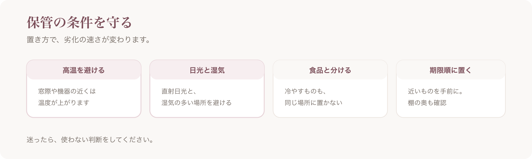 保管の条件を、高温を避ける・日光と湿気・食品と分ける・期限順に置くの四つに分けた図