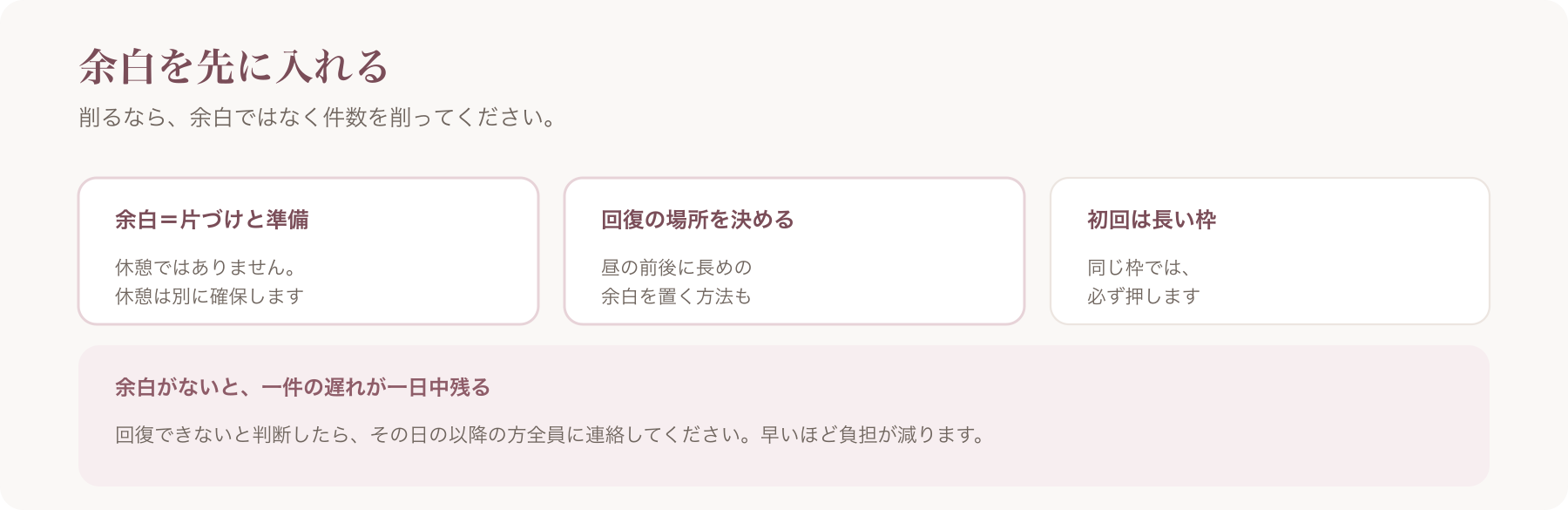 余白の考え方を、余白は片づけと準備・回復の場所を決める・初回は長い枠の三つに整理した図