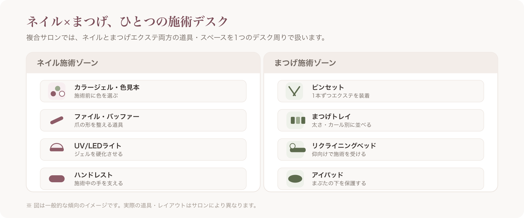 ネイルとまつげエクステの施術道具が並んだ複合サロンの施術デスクのイメージ