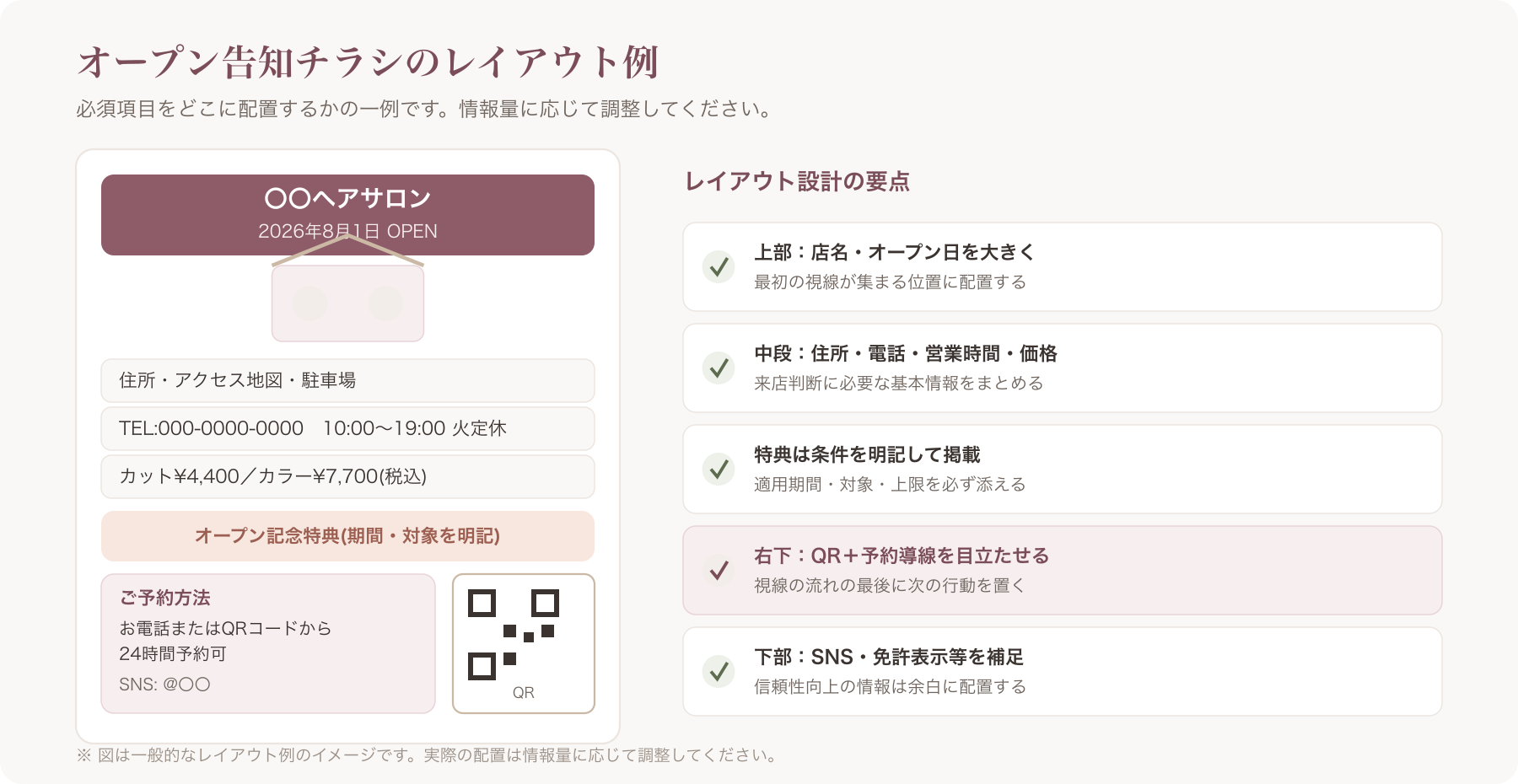 美容室オープン告知チラシのレイアウトサンプル(必須項目の配置例を図解)