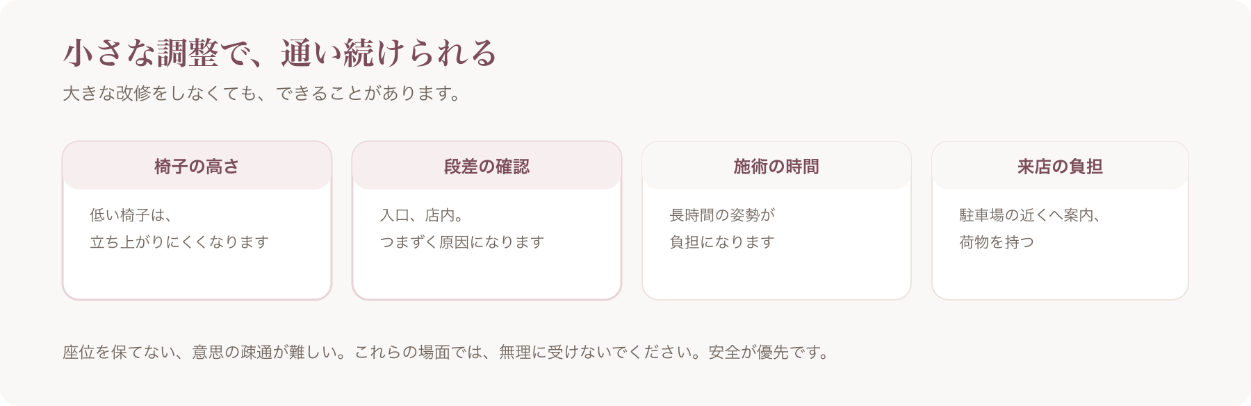 通い続けられるようにする4つの調整を並べた図