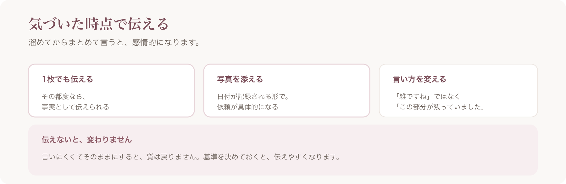 気づいた時点で伝える三点を、1枚でも伝える・写真を添える・言い方を変えるで示した図