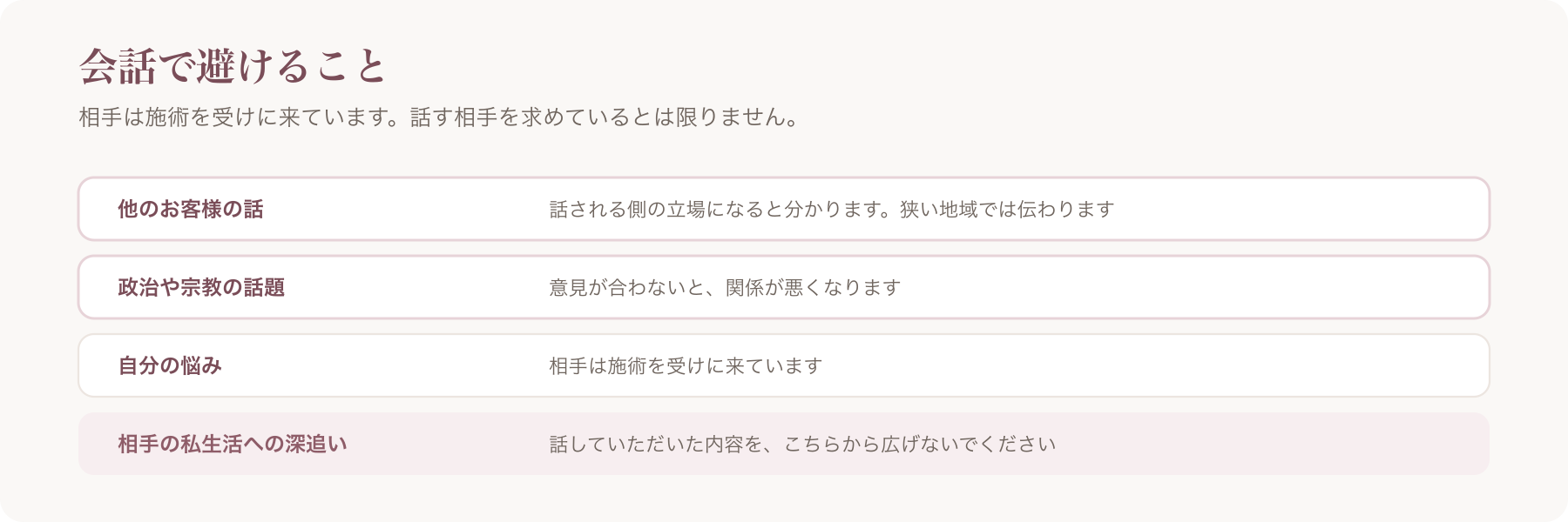 会話で避ける4つの話題を並べた図