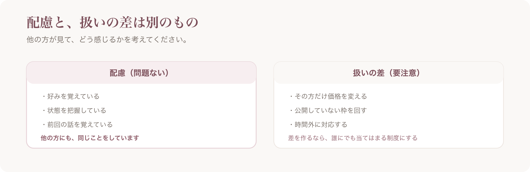 配慮にあたるものと、扱いの差にあたるものを左右に分けた図