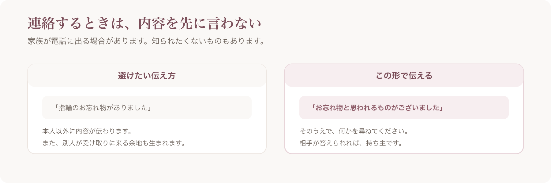 忘れ物の連絡で避けたい伝え方と、適切な伝え方を左右に並べた図