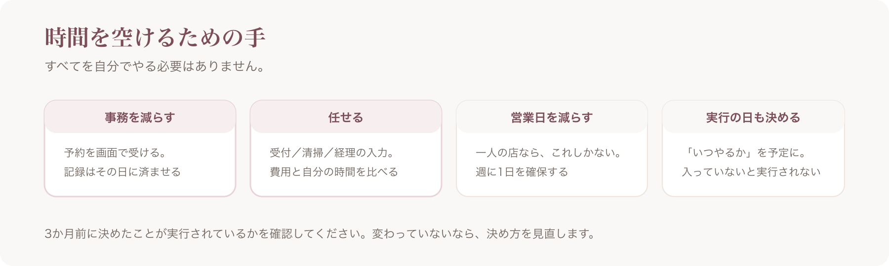 時間を空けるための手を、事務を減らす・任せる・営業日を減らす・実行の日も決めるの四つに分けた図