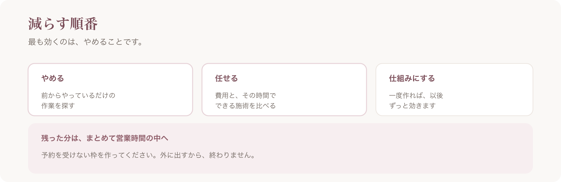 作業を減らす順番を、やめる・任せる・仕組みにするの三段階で整理した図