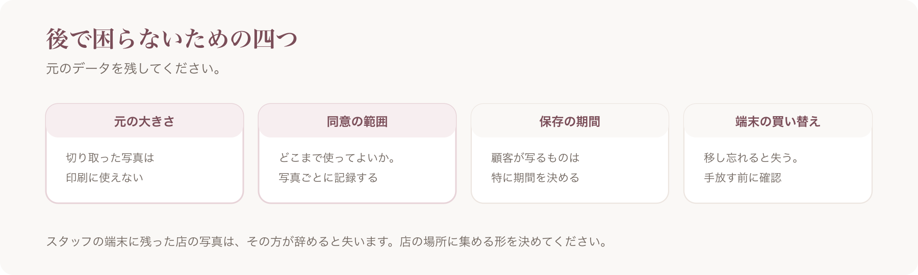 後で困らないための四つを、元の大きさ・同意の範囲・保存の期間・端末の買い替えに分けた図