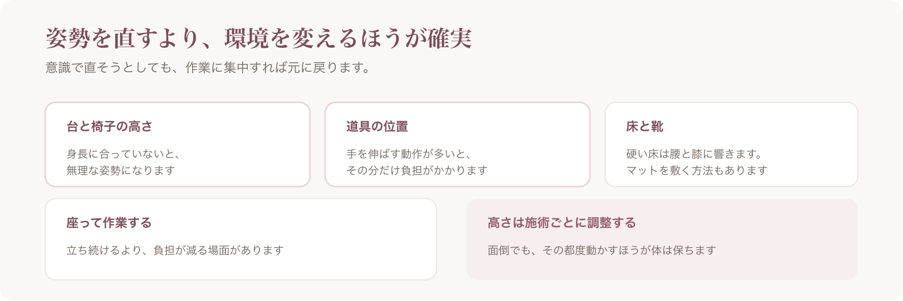 作業環境で見直す5つの点（台と椅子の高さ・道具の位置・床と靴・座って作業・都度の調整）を並べた図