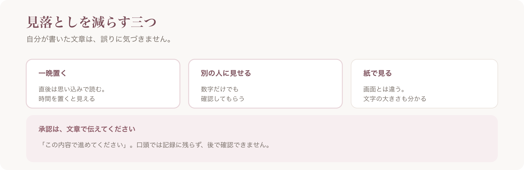 見落としを減らす三つを、一晩置く・別の人に見せる・紙で見るで示した図