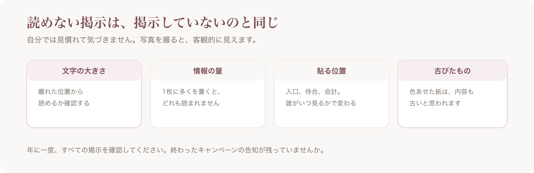 掲示の作り方で確認する4点を並べた図