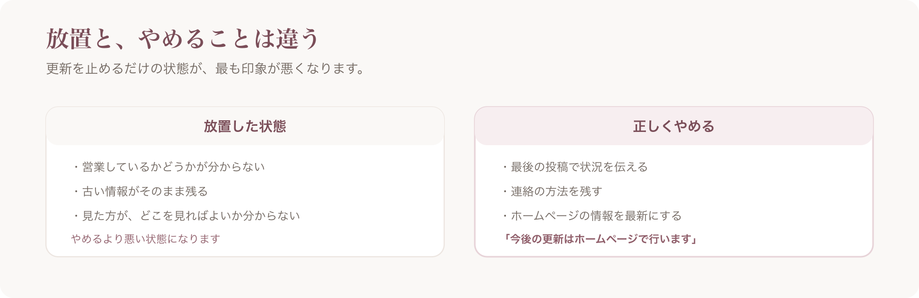 放置した状態と、正しくやめた状態を左右に並べた図
