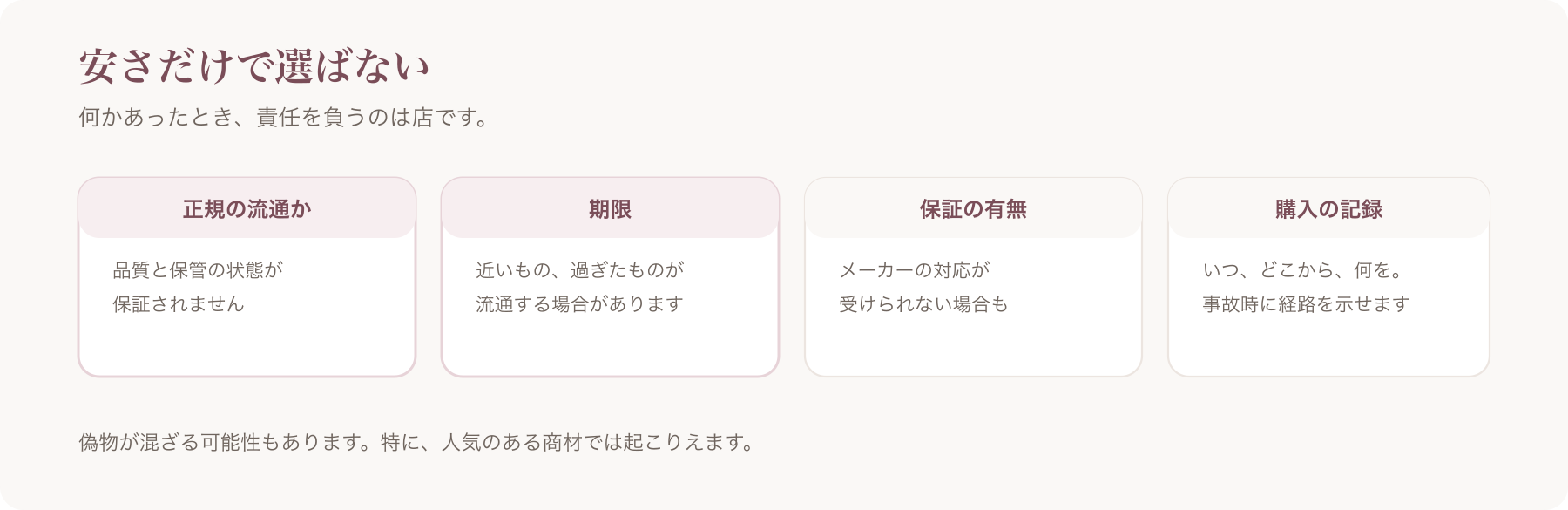 仕入れの経路で確認する4点を並べた図
