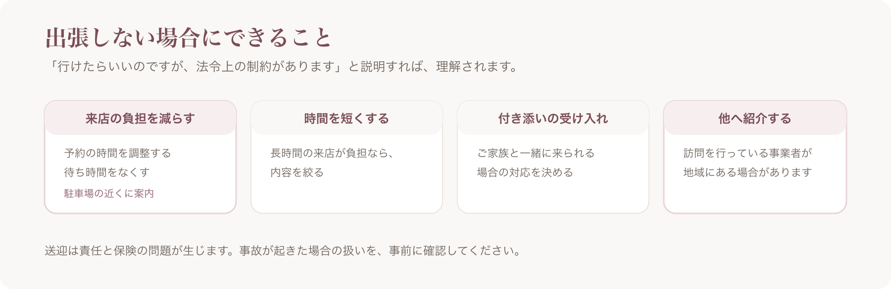 出張しない場合にできる4つの対応を並べた図