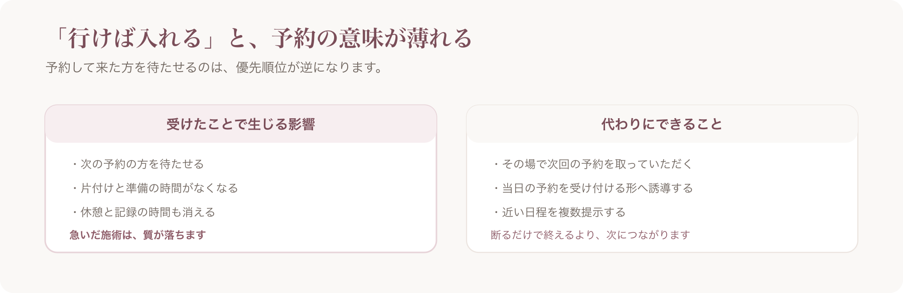 飛び込みを受けたことで生じる影響と、代わりにできることを左右に並べた図