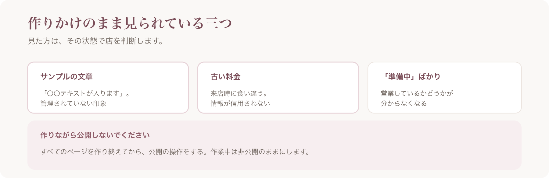 作りかけのまま見られている三つを、サンプルの文章・古い料金・準備中ばかりで整理した図