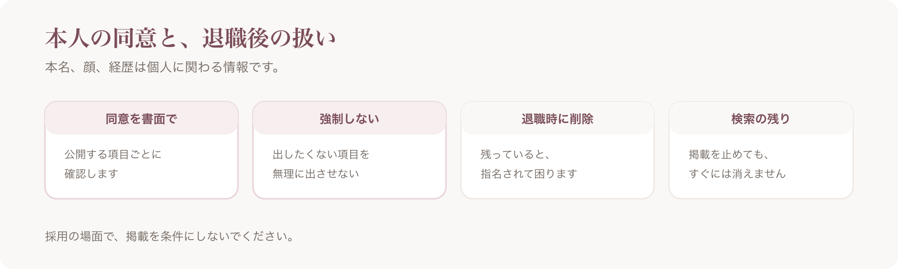 スタッフの情報の扱いを、同意を書面で・強制しない・退職時に削除・検索の残りの四つに分けた図