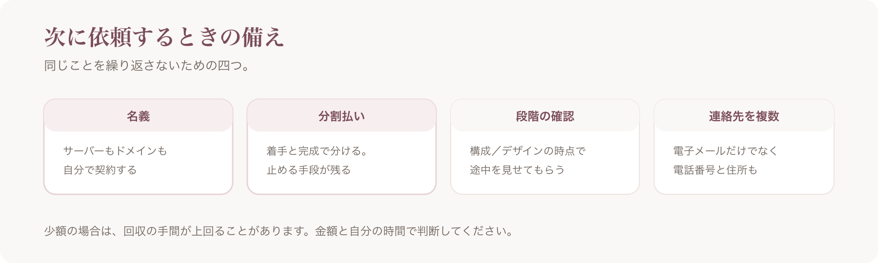 次に依頼するときの備えを、名義・分割払い・段階の確認・連絡先を複数の四つに分けた図