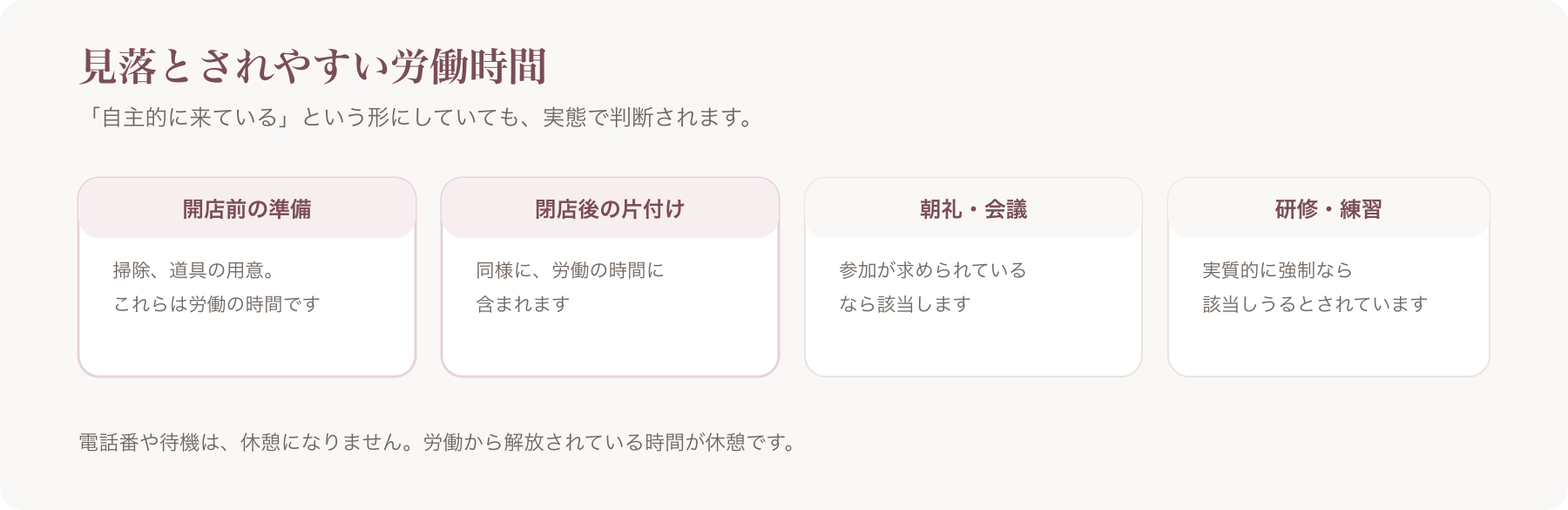 見落とされやすい労働時間を4つ挙げた図