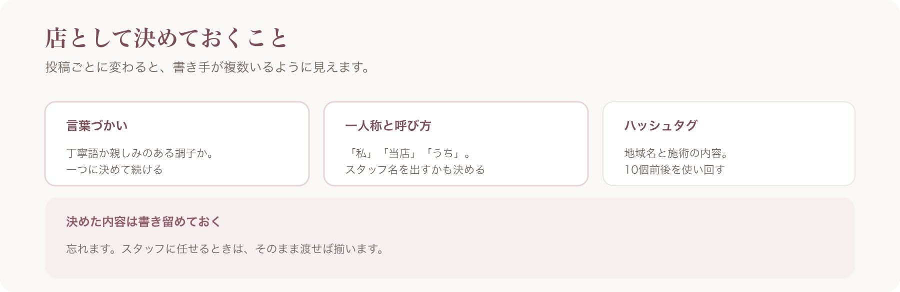 店として統一しておく項目を、言葉づかい・一人称と呼び方・ハッシュタグの三つに分けた図