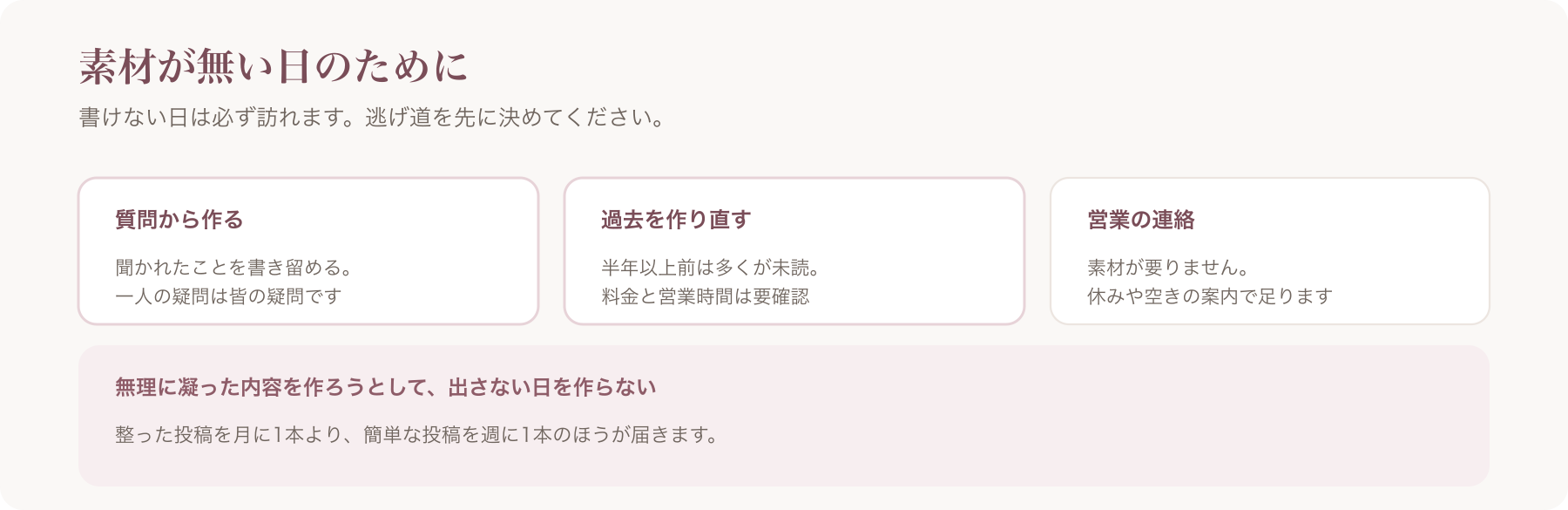 素材がない日の逃げ道を、質問から作る・過去を作り直す・営業の連絡の三つに整理した図
