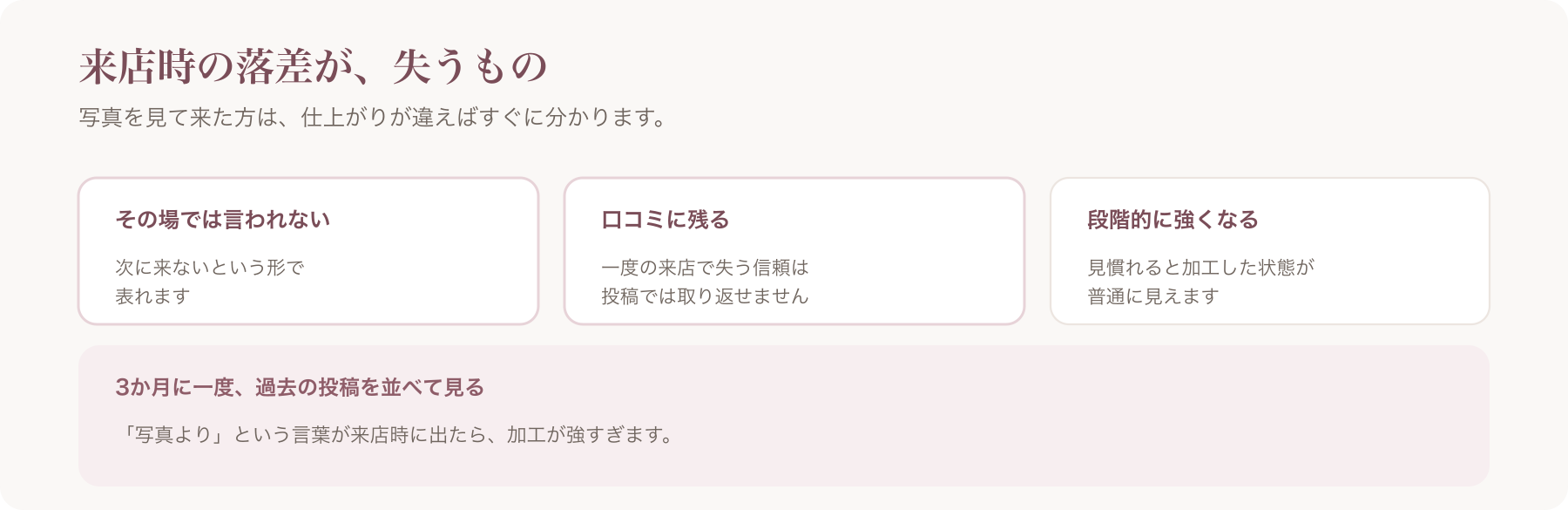 加工が強すぎることで失うものを、その場では言われない・口コミに残る・段階的に強くなるの三つに整理した図