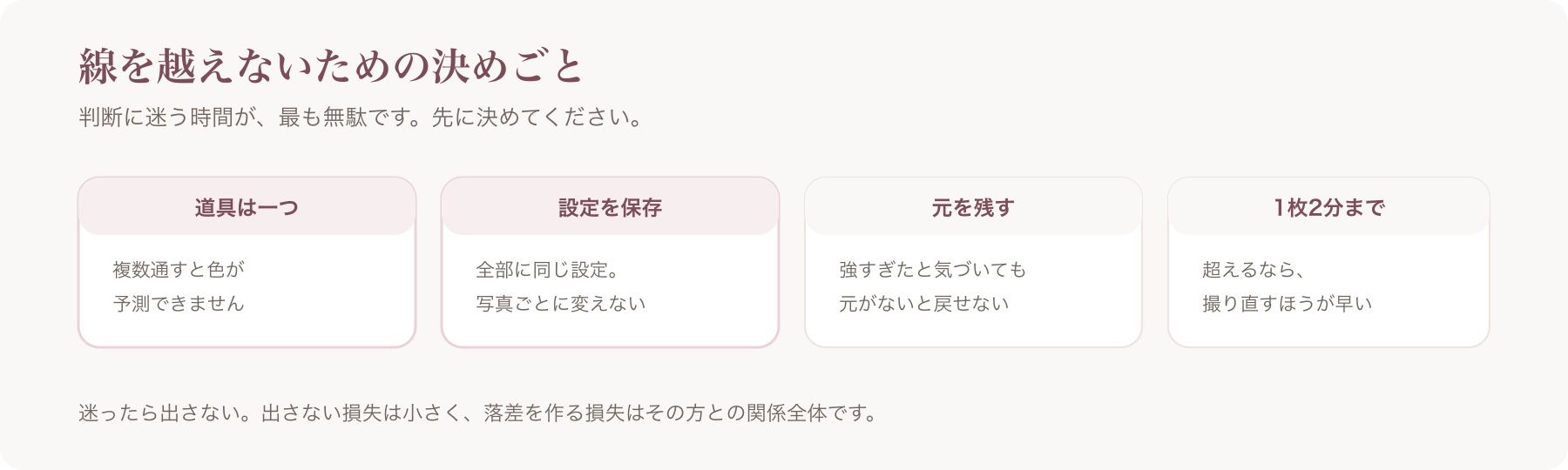 加工の線を越えないための決めごとを、道具は一つ・設定を保存・元を残す・1枚2分までの四つに分けた図