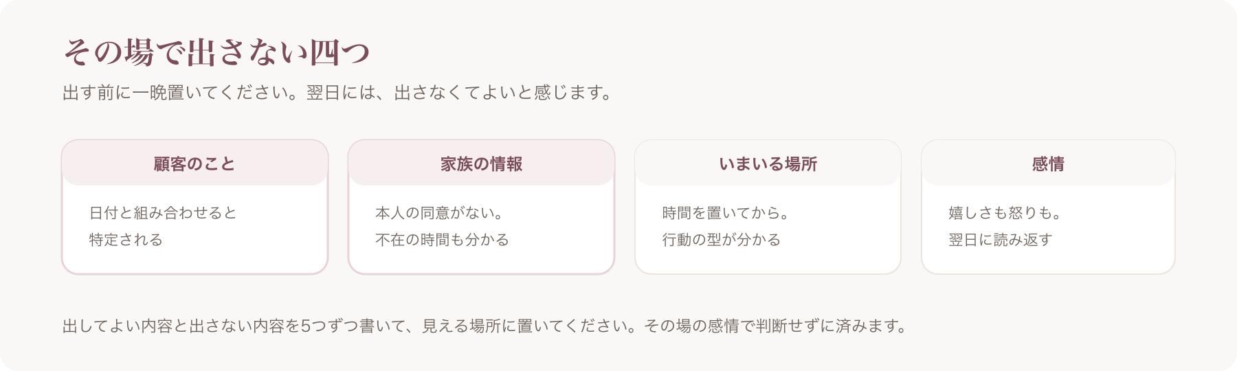 その場で出してはいけないものを、顧客のこと・家族の情報・いまいる場所・感情の四つに分けた図