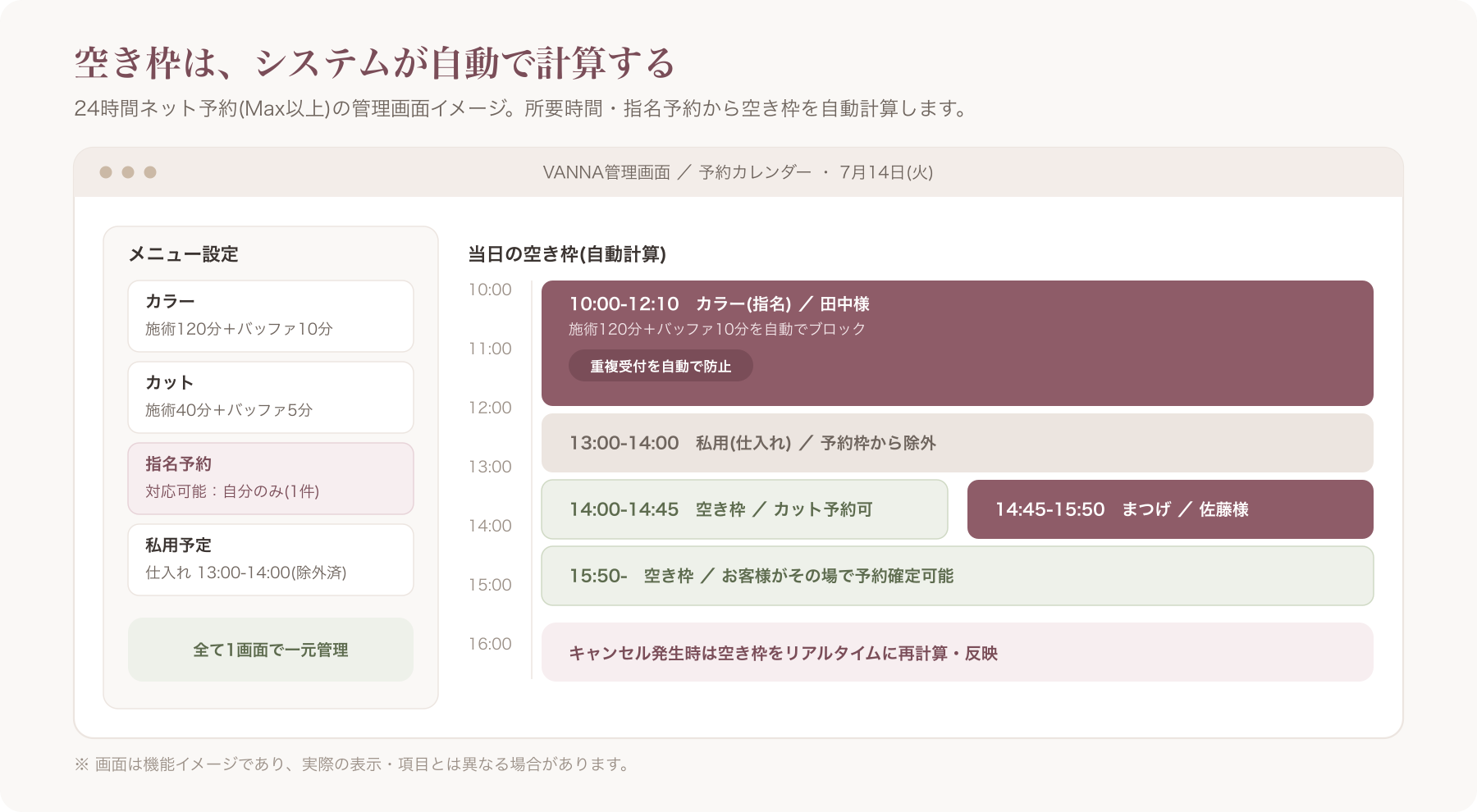 VANNA管理画面で24時間ネット予約の空き枠が自動計算され指名予約が反映されている画面イメージ