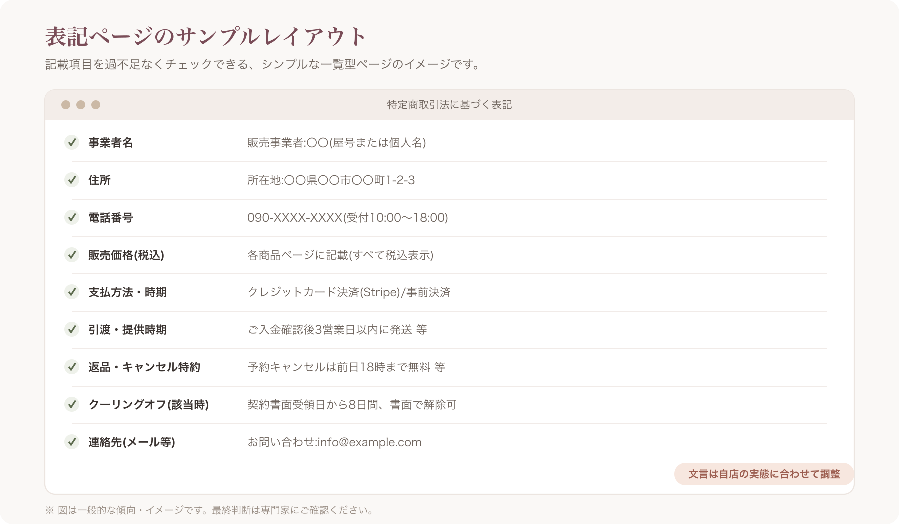 特定商取引法に基づく表記ページのサンプルレイアウト(項目一覧が整理されたシンプルなページデザイン)